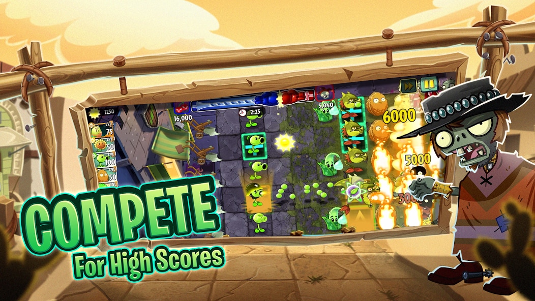Image of wooden board showing the tiled layout of the PVZ2 game with a zombie dressed in a cowboy uniform