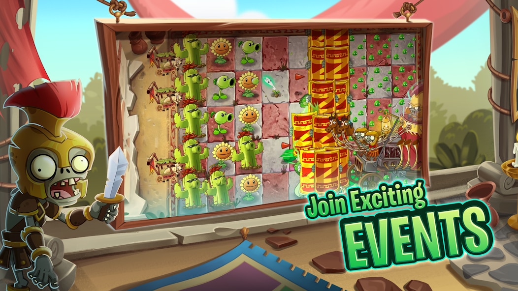 Image of wooden board showing the tiled layout of the PVZ2 game with a zombie dressed in a roman gladiator uniform