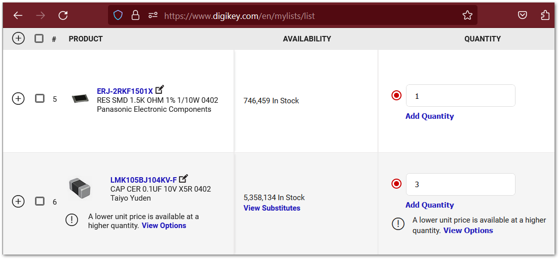 Parts pushed to DigiKey myLists