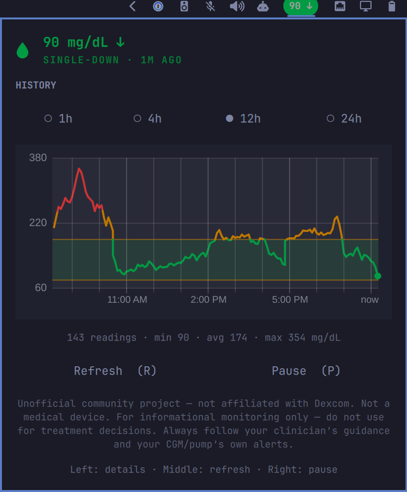 Dexcom Share on the Omarchy bar and detail panel