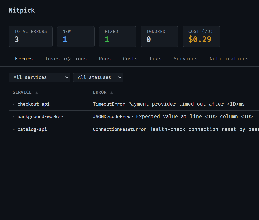 Nitpick dashboard demo
