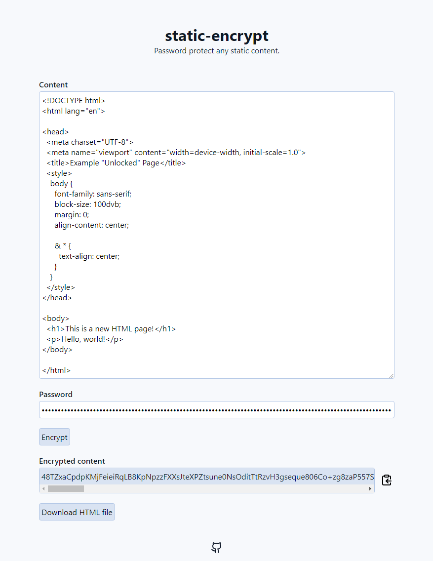 The static-encrypt frontend populate with HTML in the "Content" box.