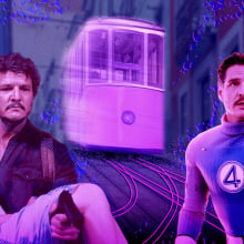A composite of images of Joel Miller holding Ellie Williams in "The Last of Us," Reed Richards in "The Fantastic Four: First Steps," and a trolley barreling towards them.