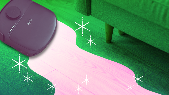 Pink and green illustration of eufy robot vacuum cleaning hardwood floor near couch