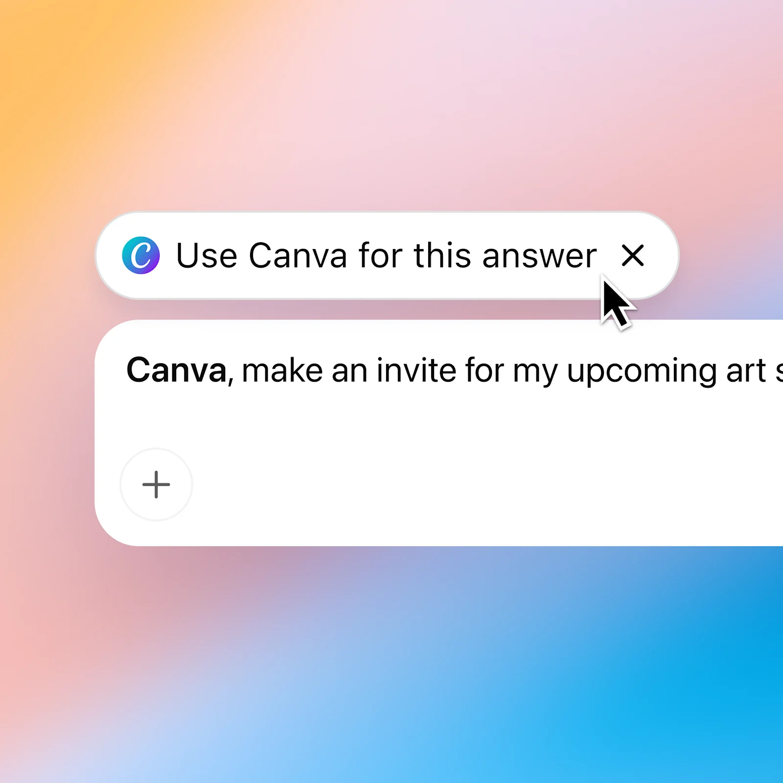 Интерфейс ChatGPT с плавающей кнопкой «Использовать Canva для этого ответа» и курсором, указывающим на перенаправление текущего запроса в приложение Canva. Элемент указывает, что последующие подсказки будут обрабатываться Canva в ChatGPT.