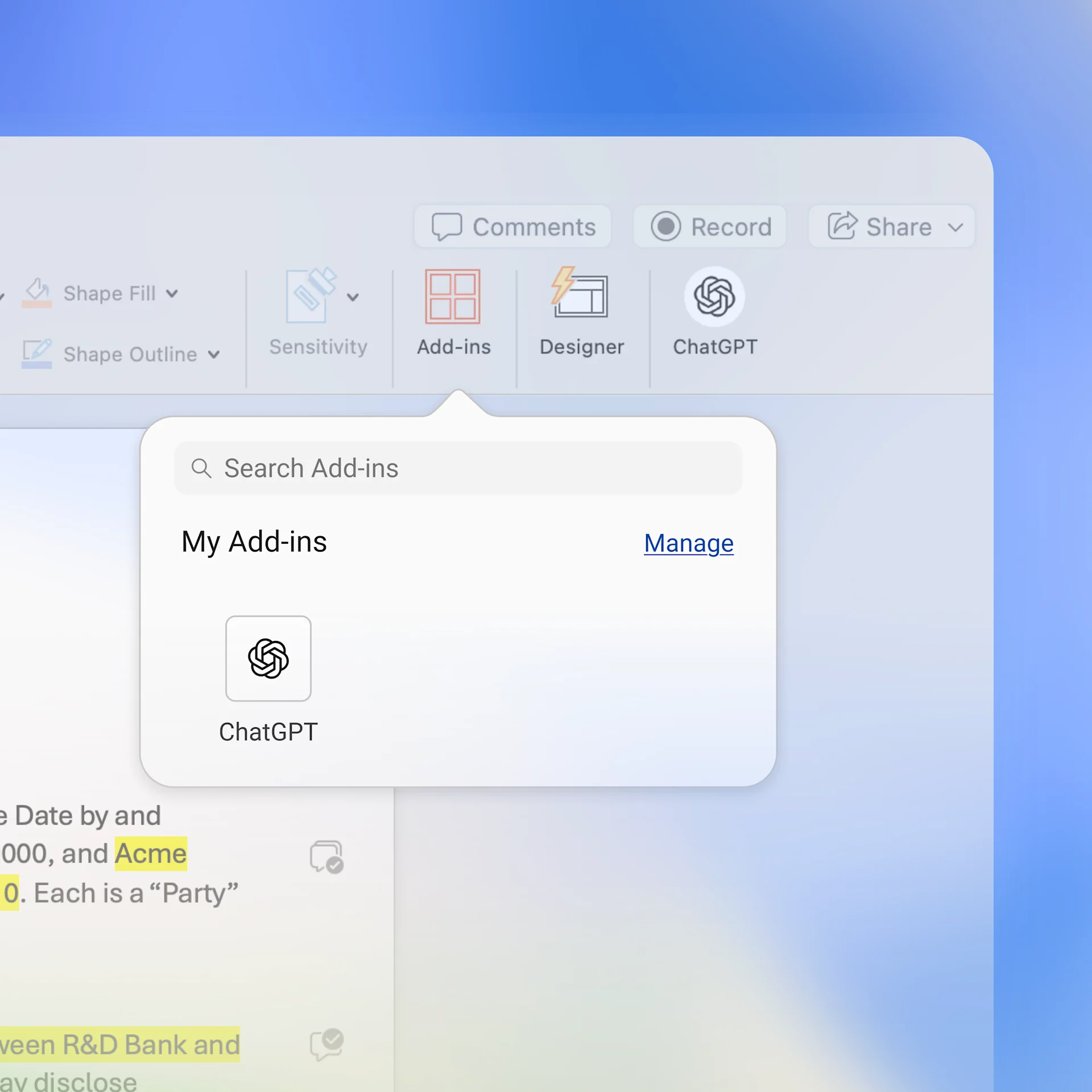 Надстройка ChatGPT отображается в меню надстроек Microsoft Word.