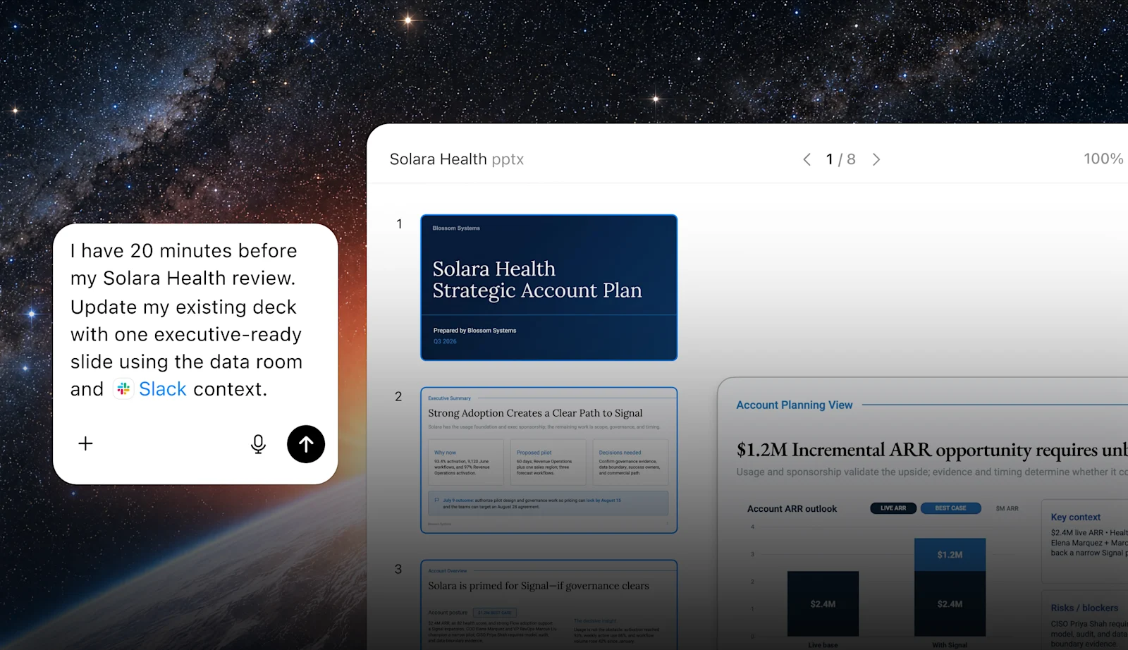 ChatGPT, veri odası ve Slack bağlamını kullanarak Solara Sağlık stratejik hesap planı sunumunu güncelliyor.