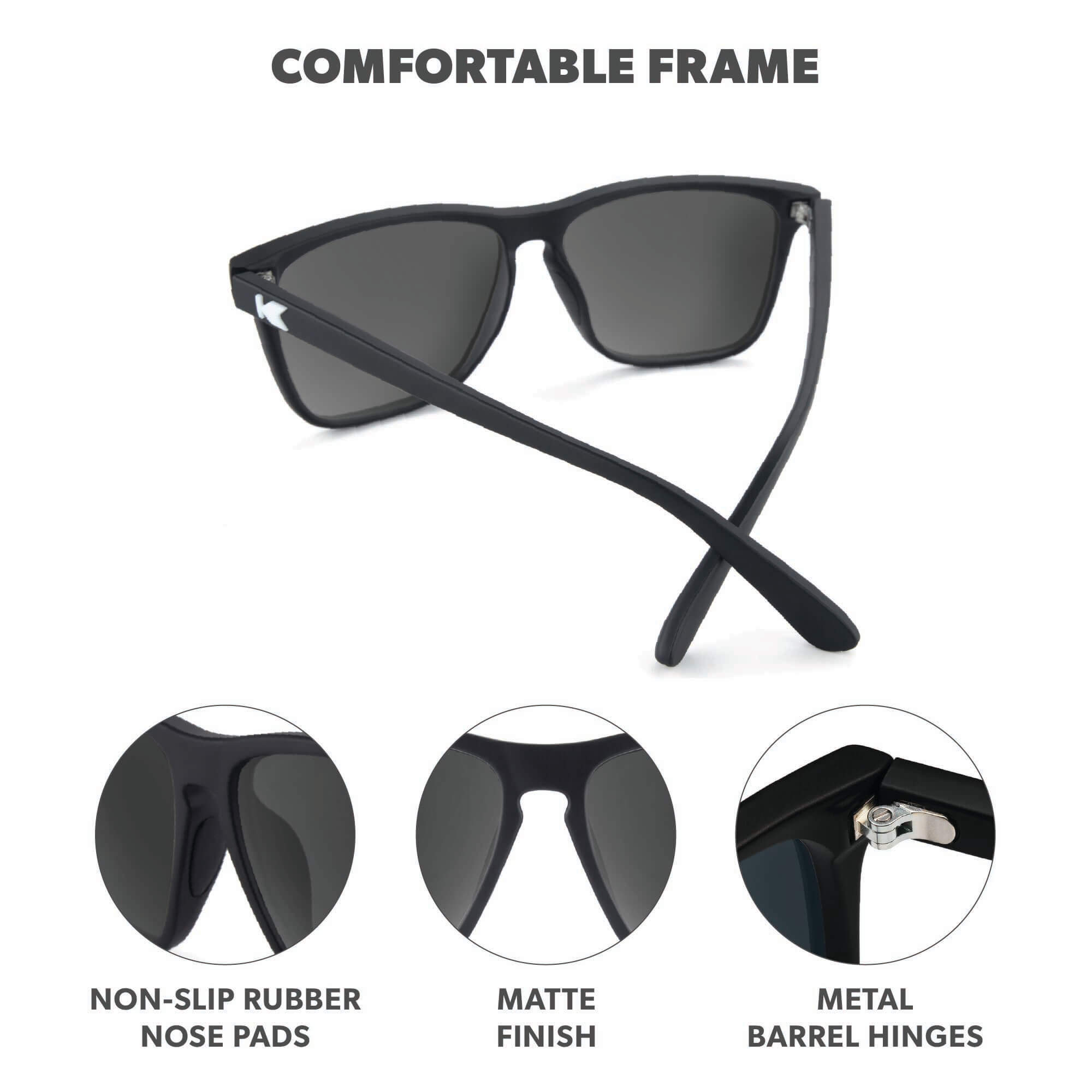 Comfortable Frame. Non-slip rubber nose pads. Matte finish. High quality barrel hinges. Photo features Matte Black / Smoke Sport Fast Lanes Sunglasses and details of the highlighted parts of the frame.