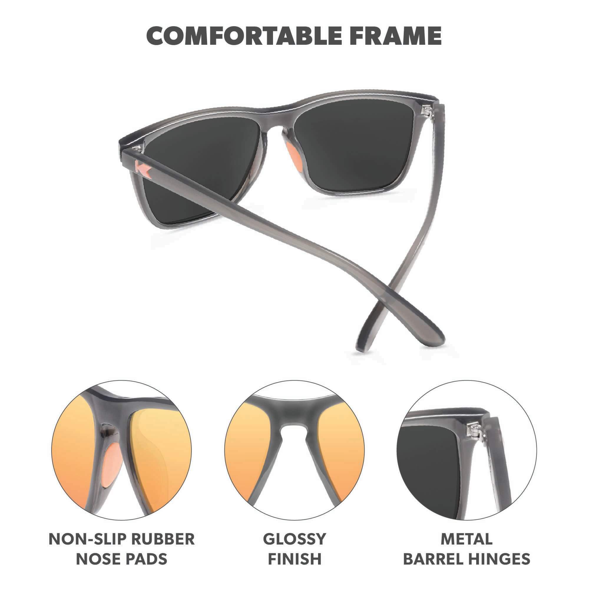 Comfortable Frame. Non-slip rubber nose pads. Jelly finish. High quality hinges. Photo features Jelly Grey / Peach Fast Lanes Sport Sunglasses and details of the highlighted parts of the frame.
