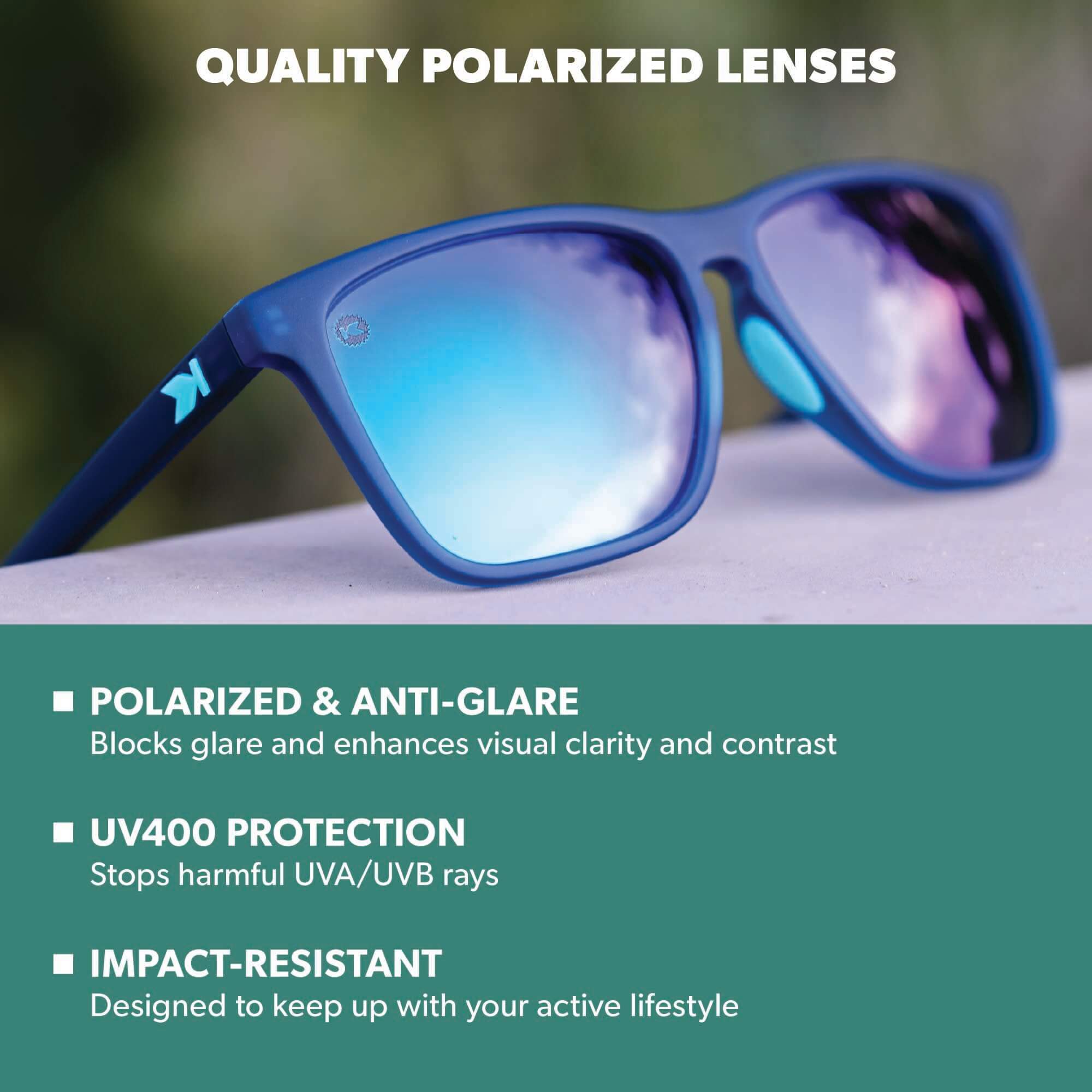Quality Polarized Lenses. Polarized & Anti-Glare: Blocks glare and enhances visual clarity and contrast. UV400 Protection: Stops harmful UVA/UVB rays. Impact Resistant: Designed to keep up with your active lifestyle. Photo features Navy / Mint Fast Lanes Sport Sunglasses