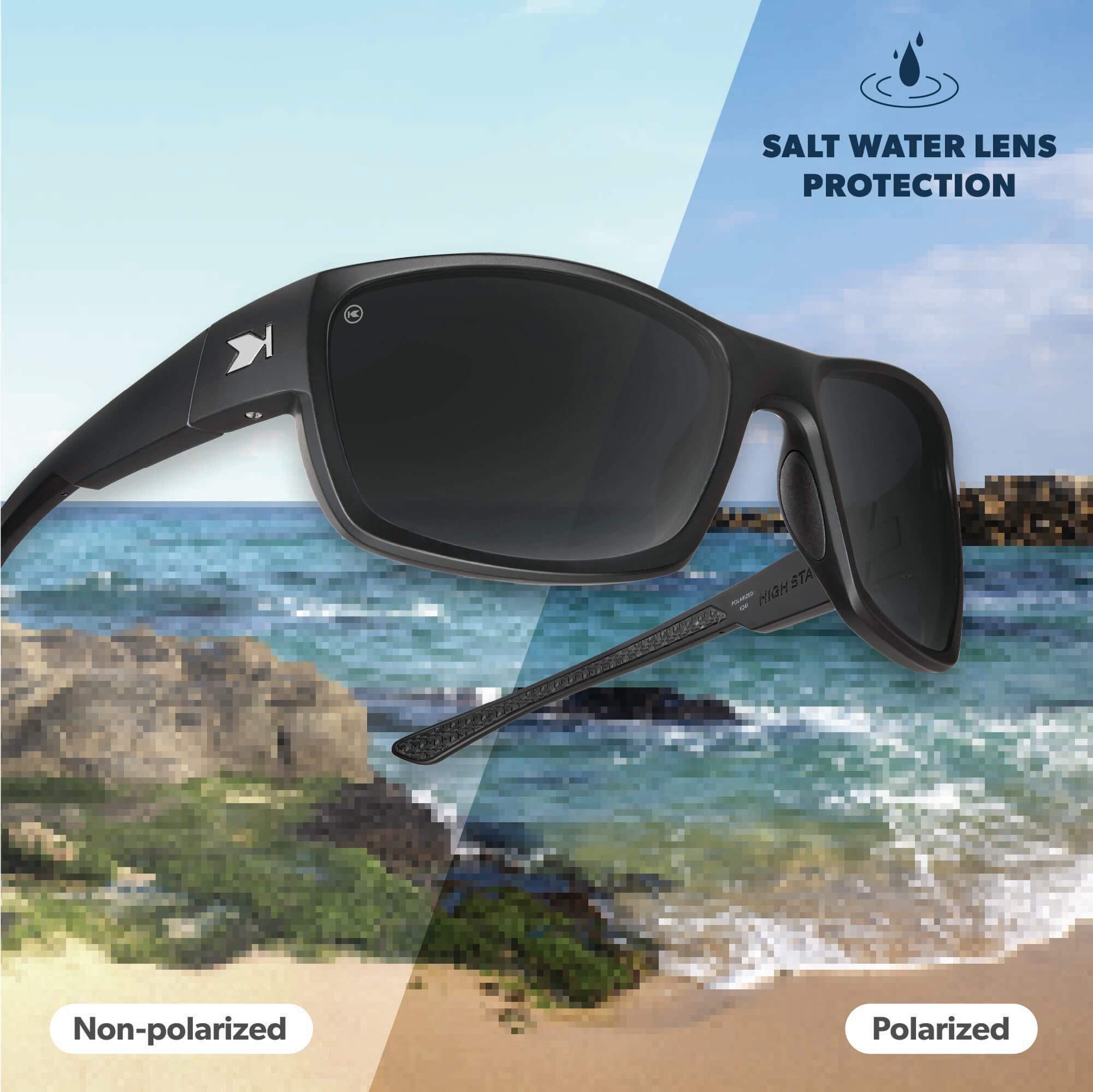 Saltwater Lens Protection. Comparison of Non-polarized and Polarized lens effect. Photo feature Blackout High Stakes Sunglasses.