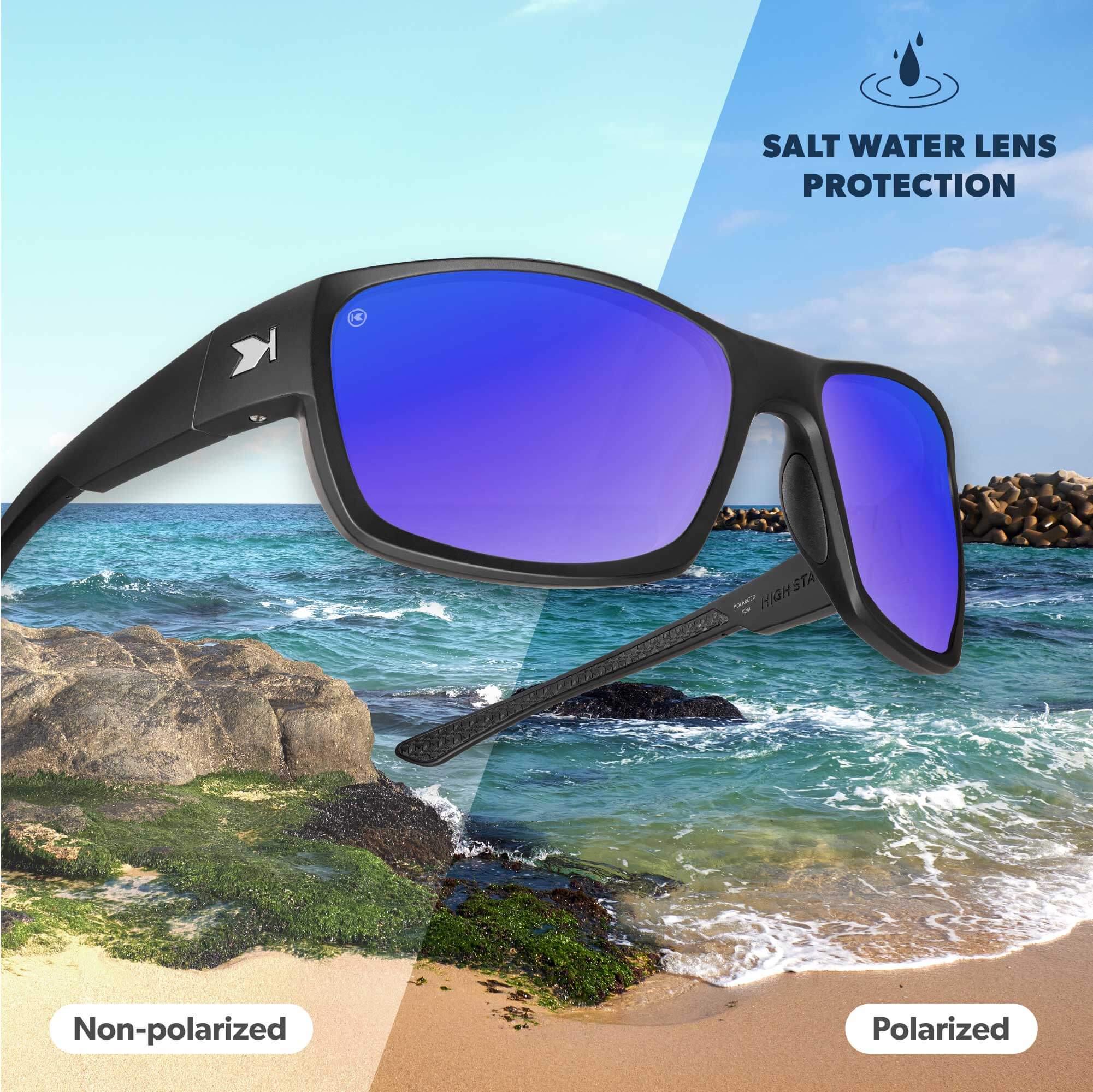 Saltwater Lens Protection. Comparison of Non-polarized and Polarized lens effect. Photo feature Midnight Ocean High Stakes Sunglasses.