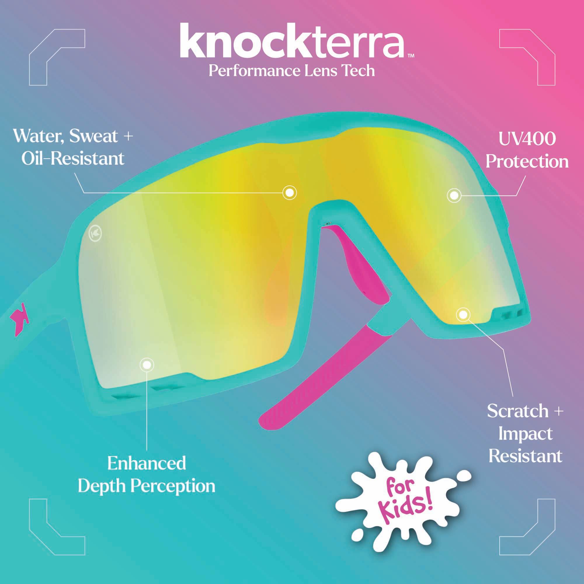 Knockterra Performance Lens Tech. Water, Sweat + Oil Resistant Lens Coating. Enhanced Depth Perception. UV400 Protection: Stops harmful UVA/UVB rays. Scratch + Impact Resistant: Designed to keep up with your active lifestyle for your kids. Photo features House Party Kids Campeones Sunglasses
