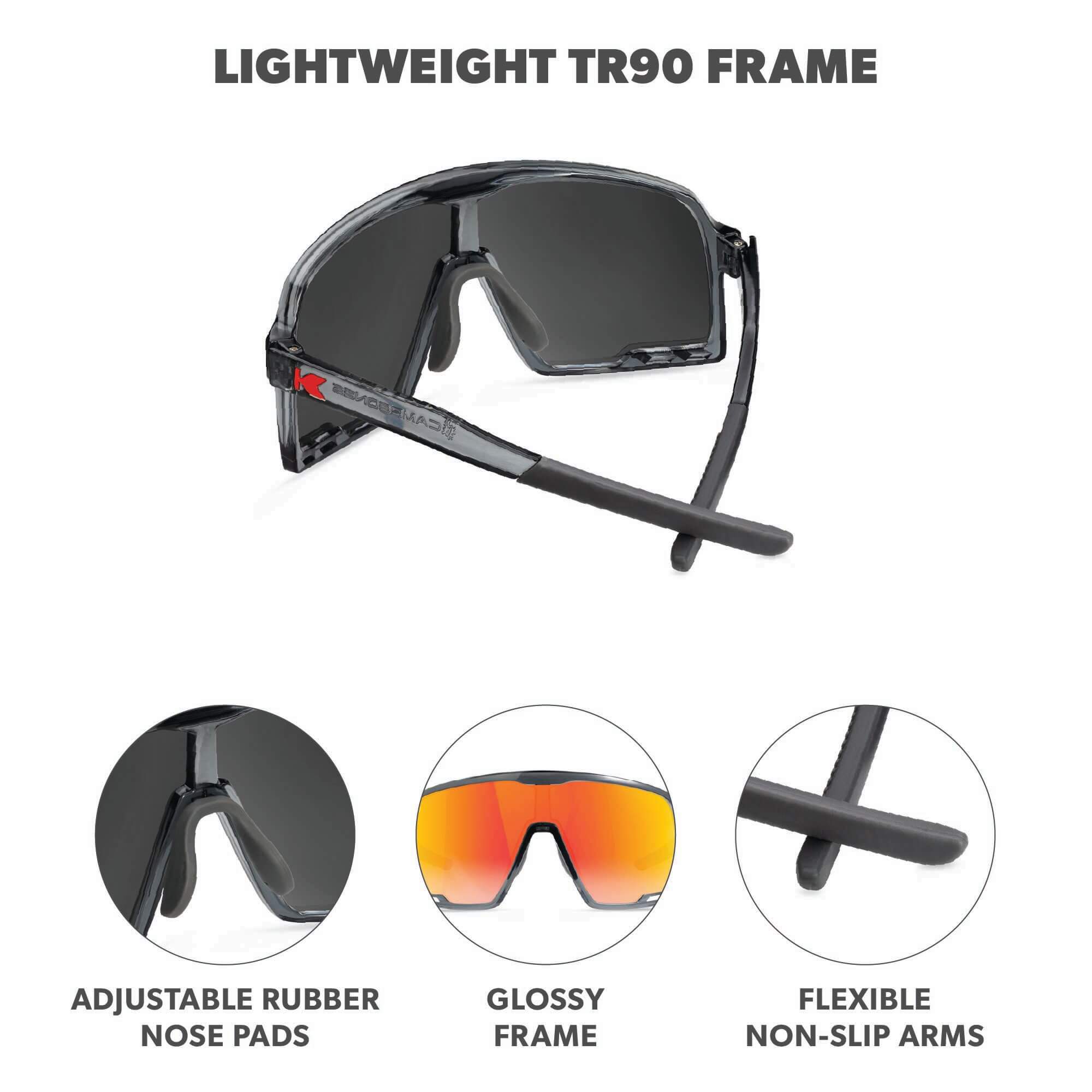 Comfortable Frame. Adjustable rubber nose pads. Glossy finish. Flexible non-slip arms. Photo features Magma Kids Campeones Sunglasses and details of the highlighted parts of the frame.