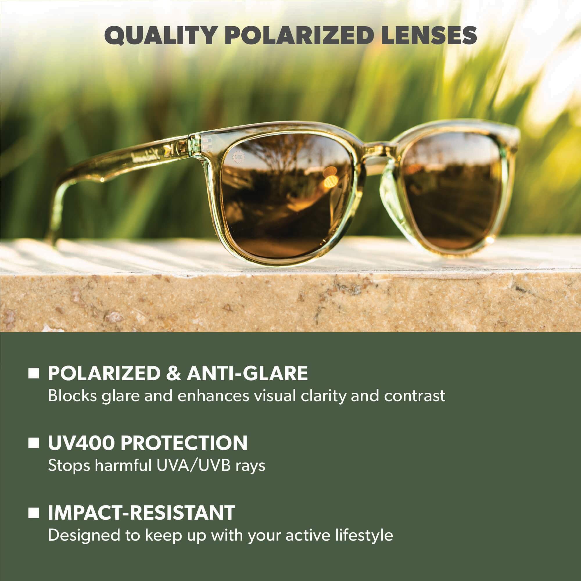 Quality Polarized Lenses. Polarized & Anti-Glare: Blocks glare and enhances visual clarity and contrast. UV400 Protection: Stops harmful UVA/UVB rays. Impact Resistant: Designed to keep up with your active lifestyle. Photo features Aged Sage / Amber Paso Robles Sunglasses