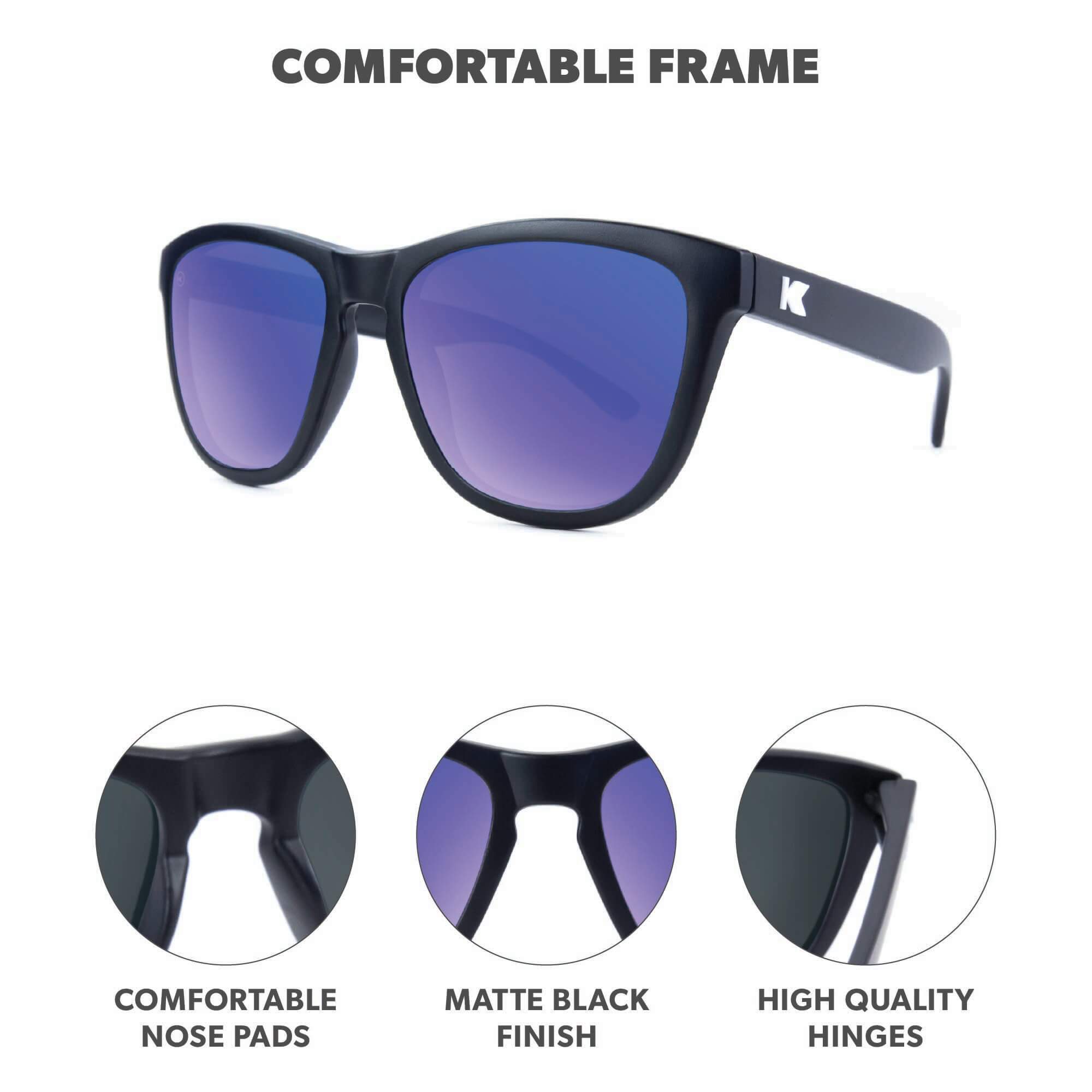 Comfortable Frame. Comfortable nose pads. Matte finish. High quality hinges. Photo features Black / Moonshine Premiums Sunglasses and details of the highlighted parts of the frame.