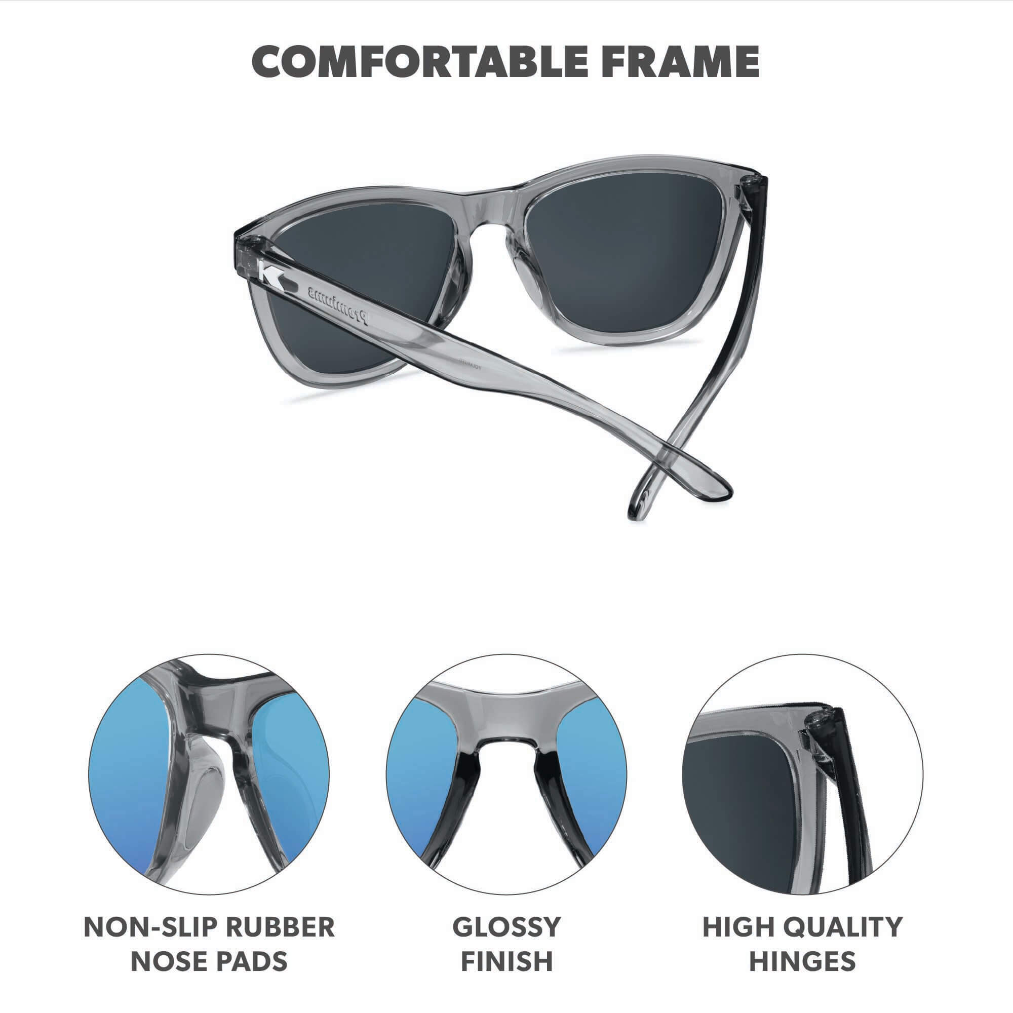 Comfortable Frame. Non-slip rubber nose pads. Glossy finish. High quality hinges. Photo features Clear Grey / Aqua Premiums Sport Sunglasses and details of the highlighted parts of the frame.
