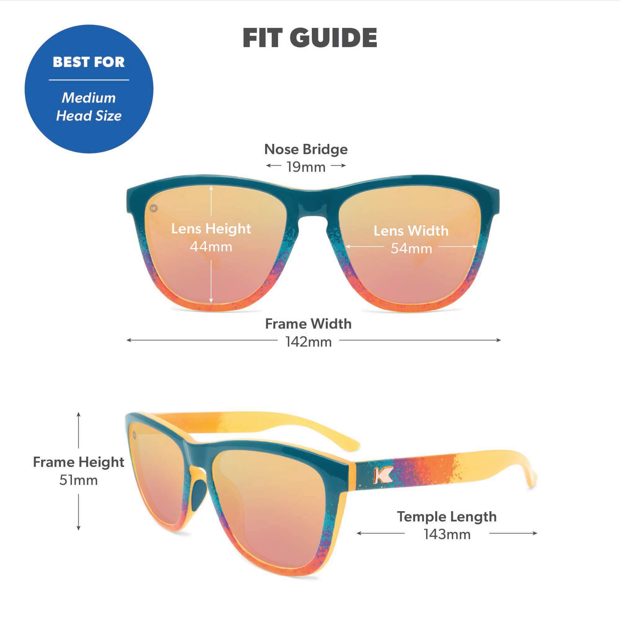 Fit Guide. Best for medium head sizes. Photo features Desert Premiums Sport Sunglasses and includes specific frame measurements. See Fit Guide for more details.