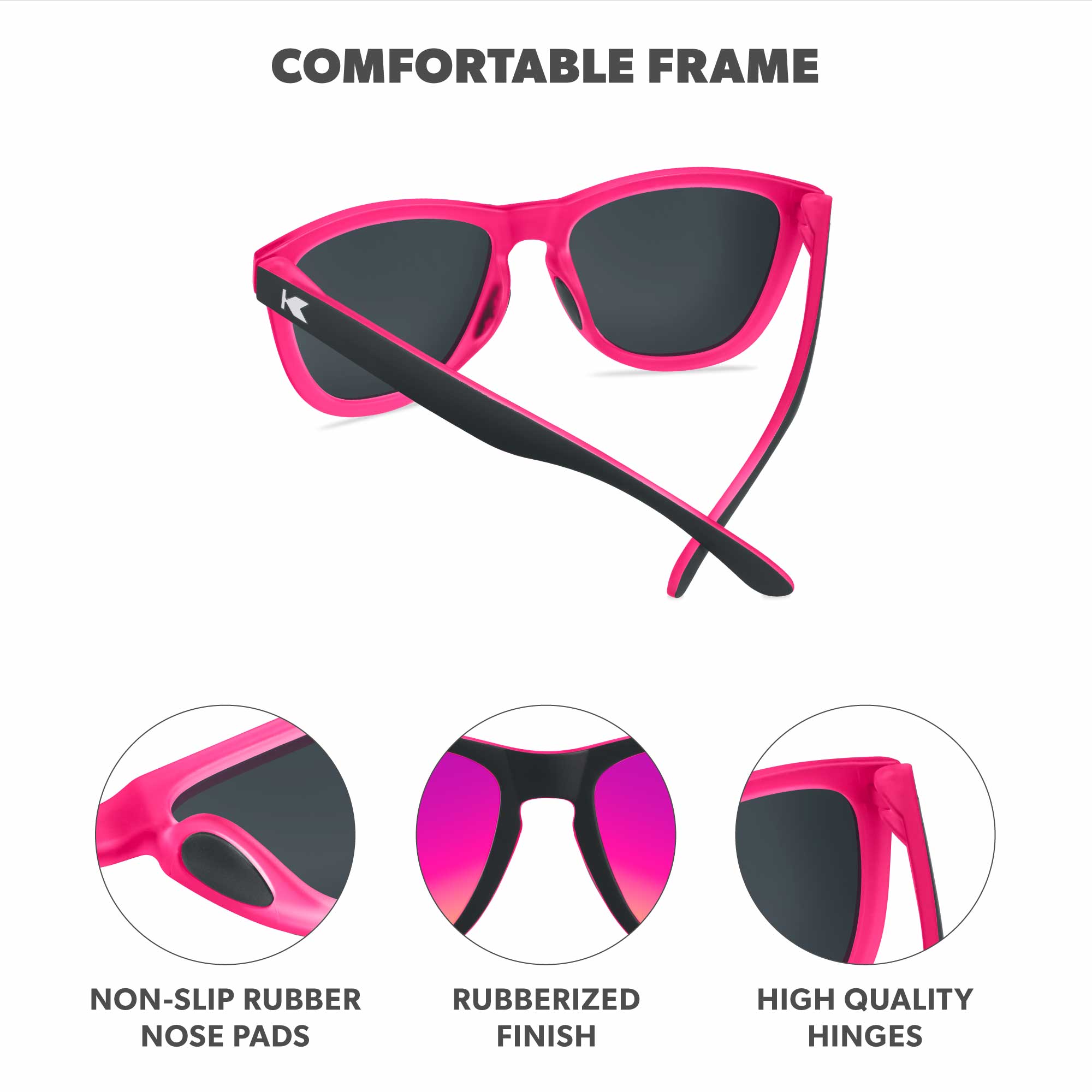 Comfortable Frame. Non-slip rubber nose pads. Rubberized finish. High quality hinges. Photo features Heartbeat Premiums Sport Sunglasses and details of the highlighted parts of the frame.