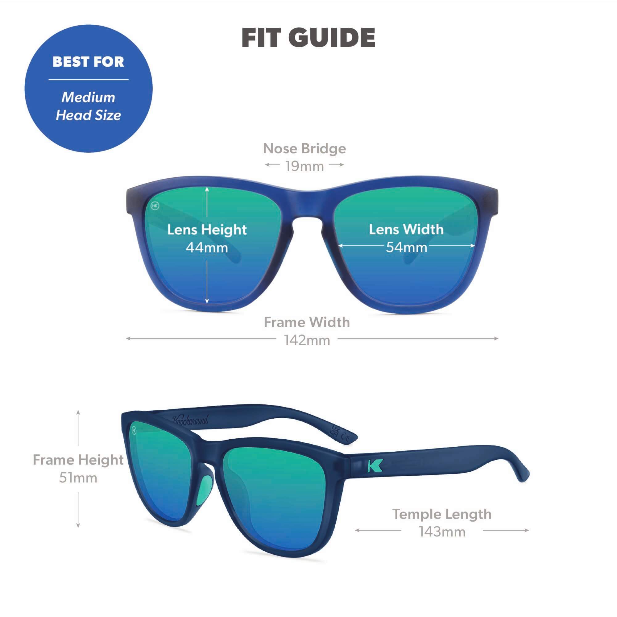 Fit Guide. Best for medium head sizes. Photo features Rubberized Navy / Mint Premiums Sunglasses and includes specific frame measurements. See Fit Guide for more details.