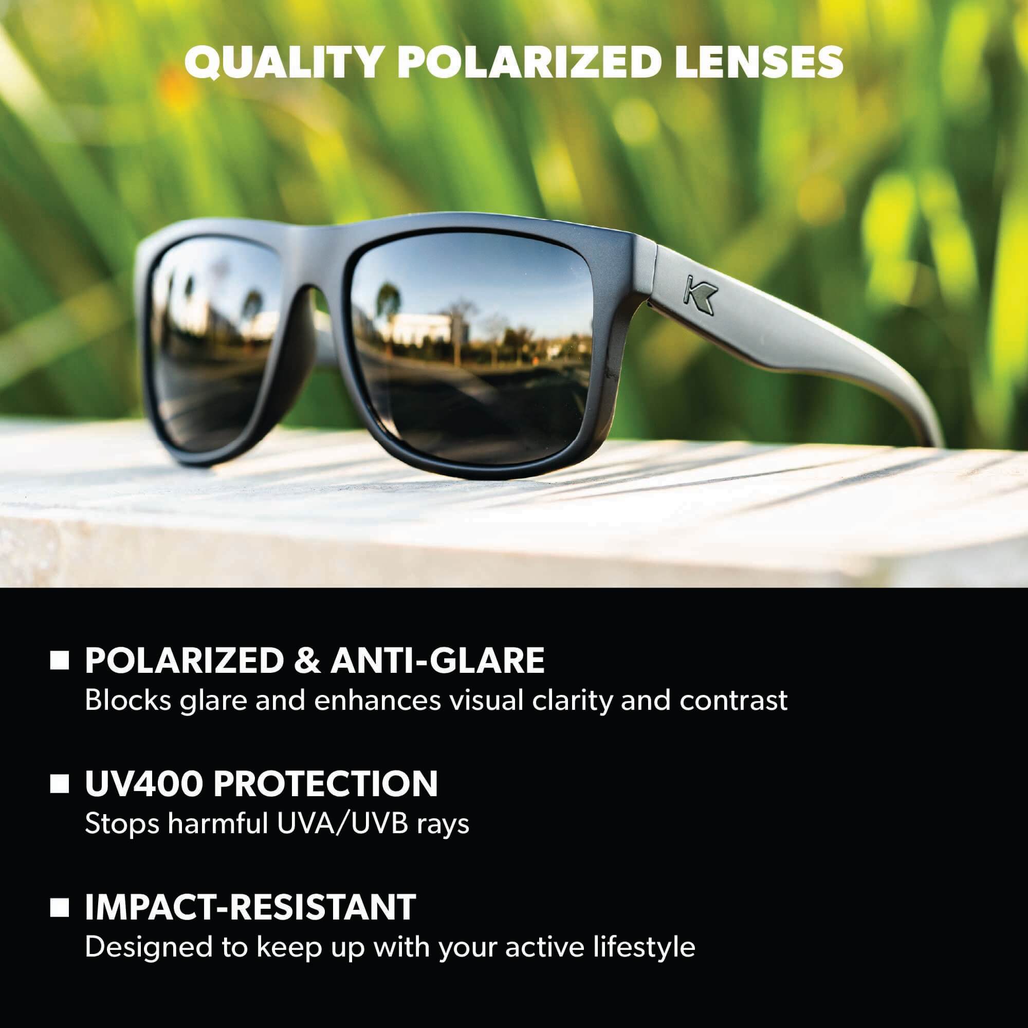 Quality Polarized Lenses. Polarized & Anti-Glare: Blocks glare and enhances visual clarity and contrast. UV400 Protection: Stops harmful UVA/UVB rays. Impact Resistant: Designed to keep up with your active lifestyle. Photo features Black on Black Torrey Pines Sunglasses