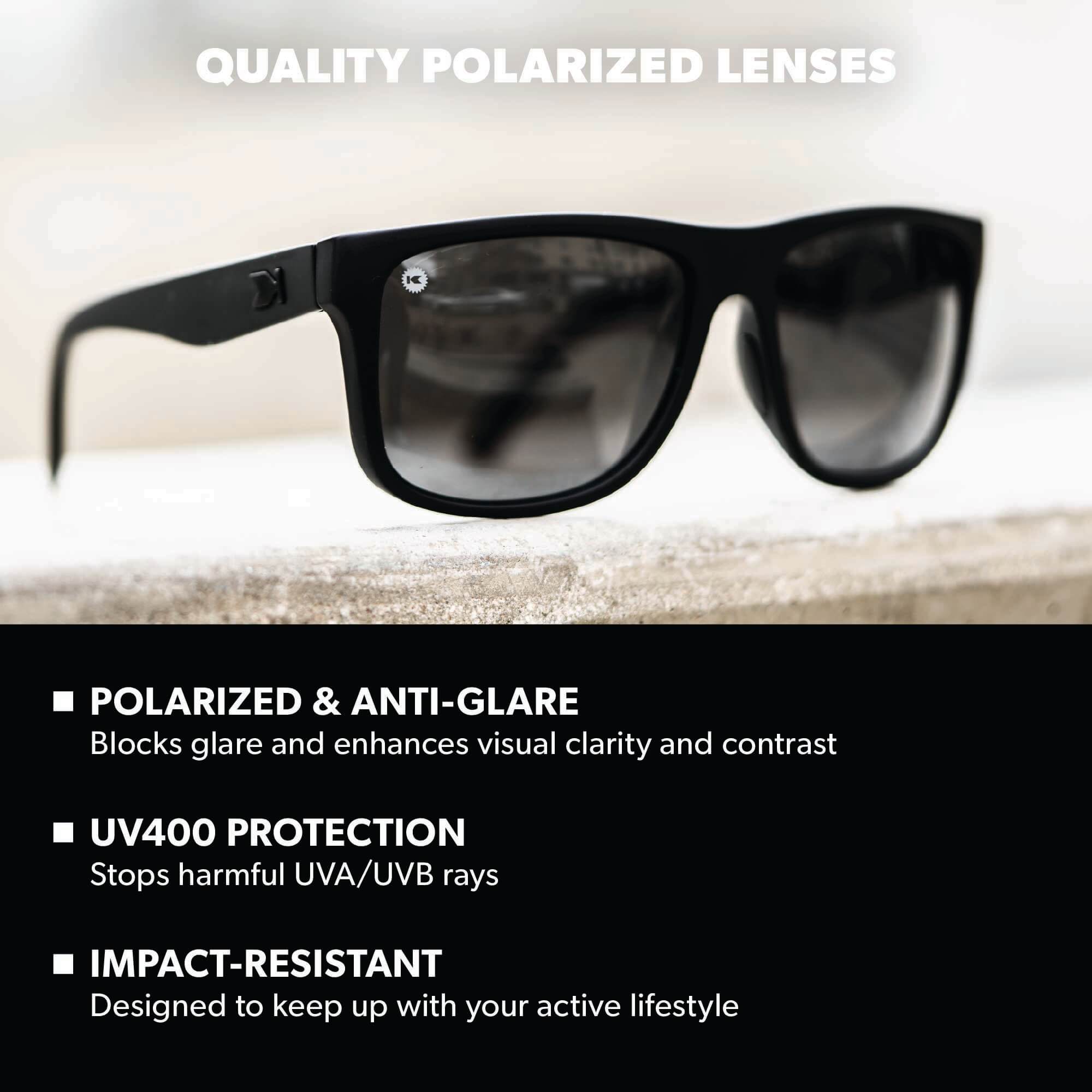 Quality Polarized Lenses. Polarized & Anti-Glare: Blocks glare and enhances visual clarity and contrast. UV400 Protection: Stops harmful UVA/UVB rays. Impact Resistant: Designed to keep up with your active lifestyle. Photo features Black on Black Torrey Pines Sport Sunglasses