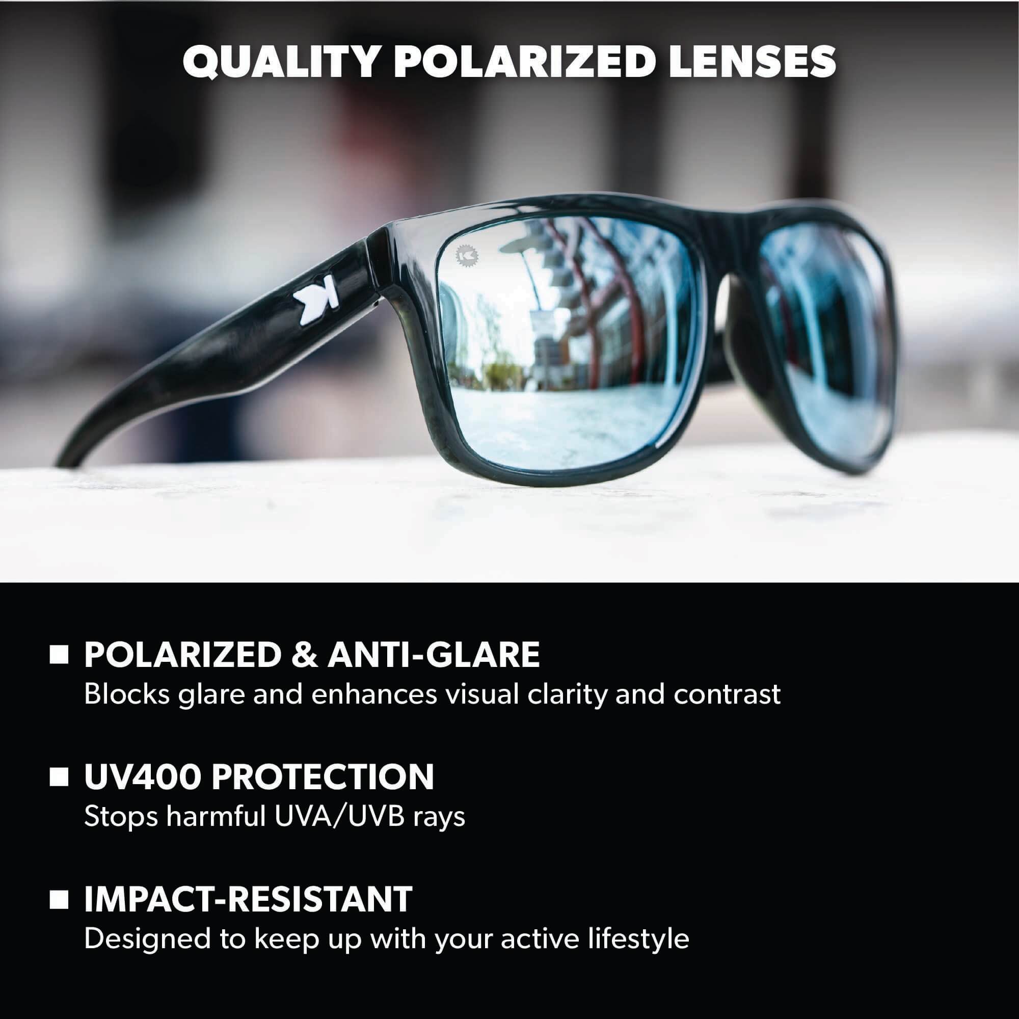 Quality Polarized Lenses. Polarized & Anti-Glare: Blocks glare and enhances visual clarity and contrast. UV400 Protection: Stops harmful UVA/UVB rays. Impact Resistant: Designed to keep up with your active lifestyle. Photo features Jelly Black / Sky Blue Torrey Pines Sport Sunglasses