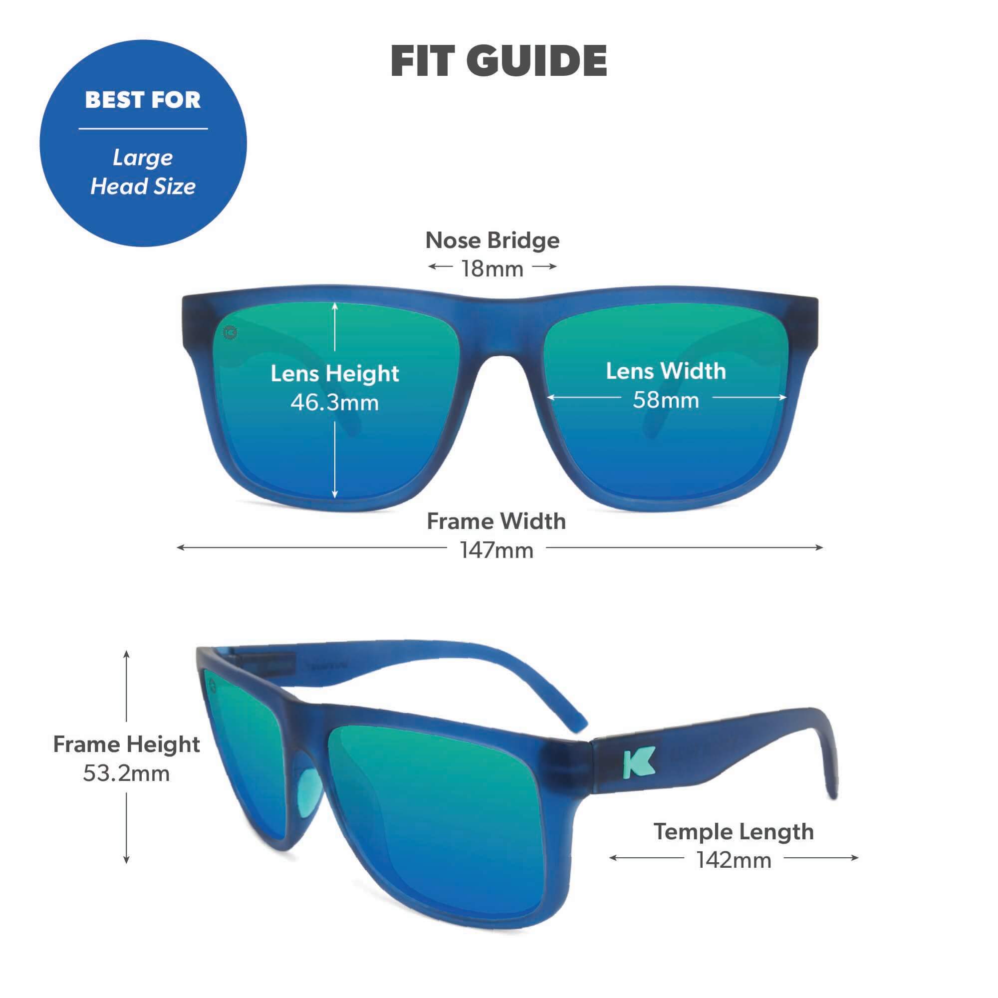 Fit Guide. Best for large head sizes. Photo features Navy / Mint Torrey Pines Sport Sunglasses and includes specific frame measurements. See Fit Guide for more details.