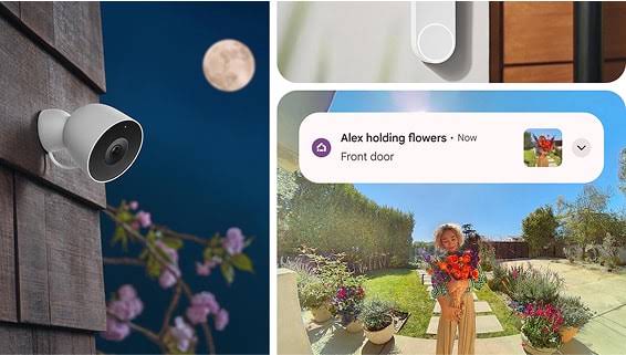 Image of photo collage of nest camera and doorbell and outdoor camera footage with camera alert