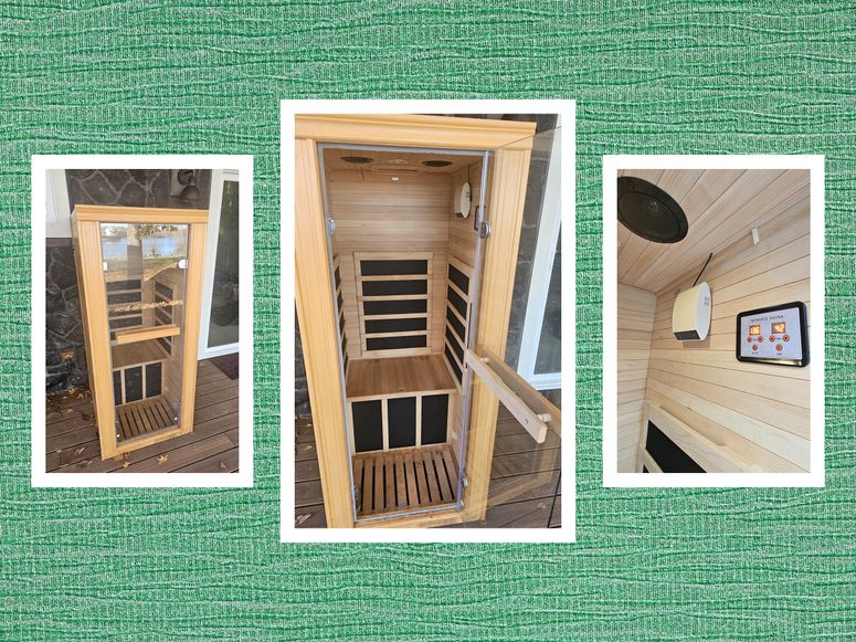 Front and inside views of a wooden sauna installed on the back deck of a house. Background: green fabric texture.