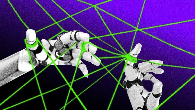 Two robot hands caught up in a web.
