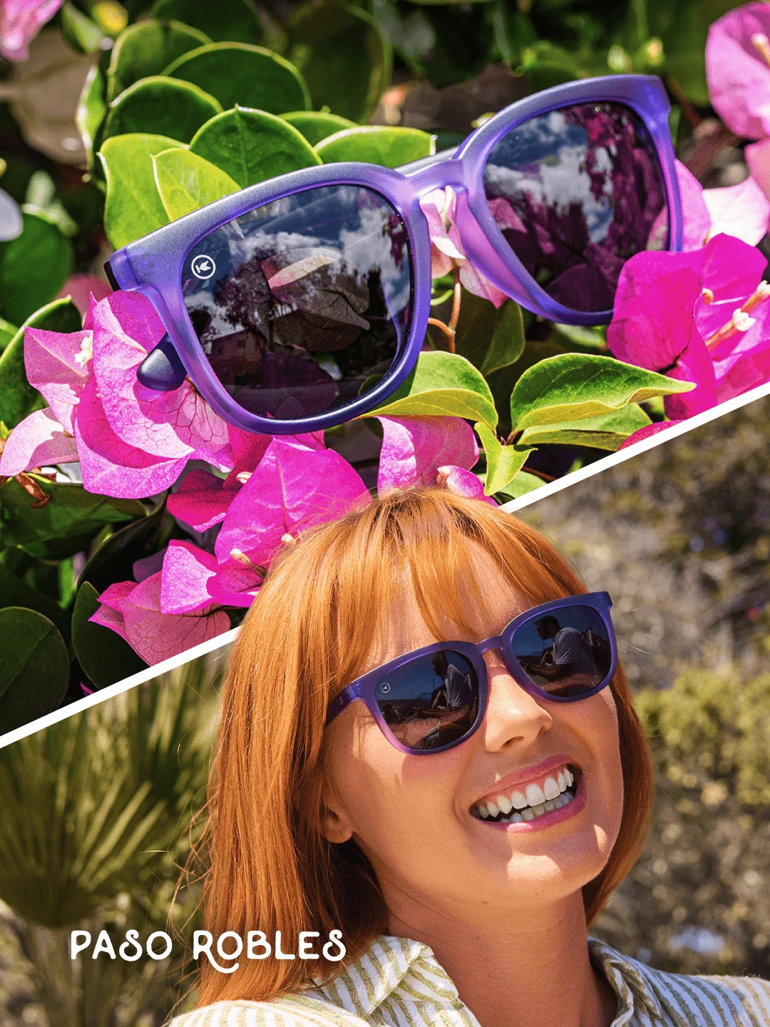 A pair of purple sunglasses is perched on vibrant pink flowers. Below, a person smiles wearing similar sunglasses. The words "Paso Robles" are written in white text in the corner.