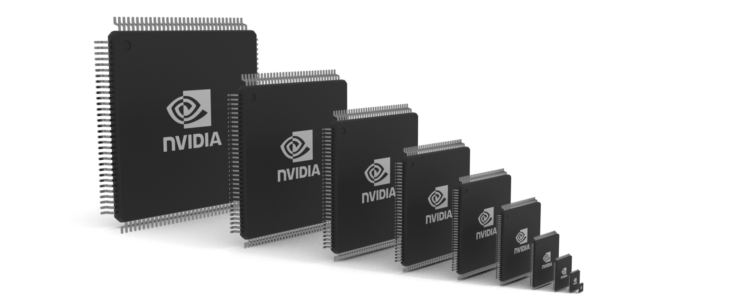 A series of Nvidia chips, stacked like dominoes