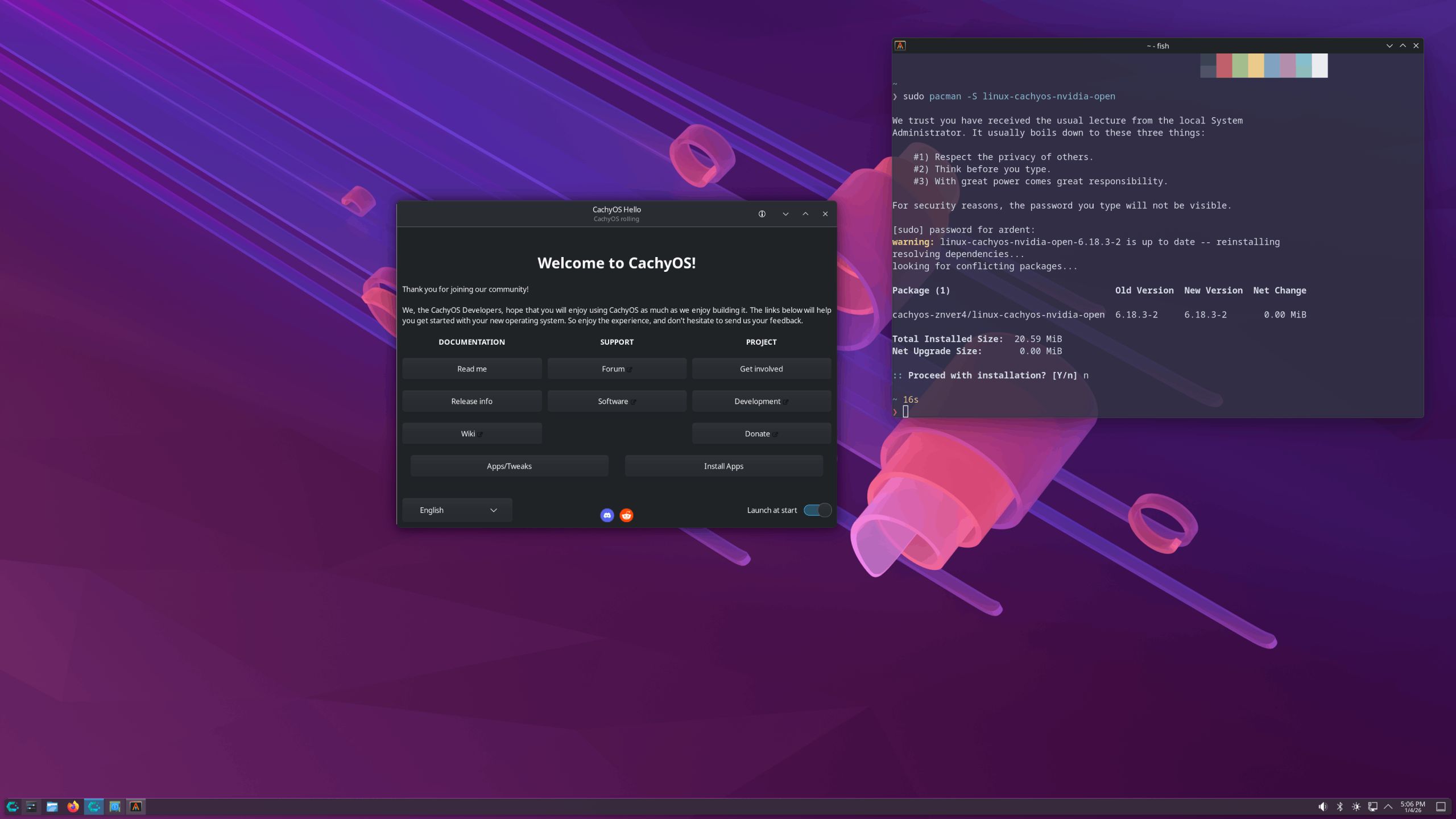 Cachy splash screen showing the Hello window and a terminal