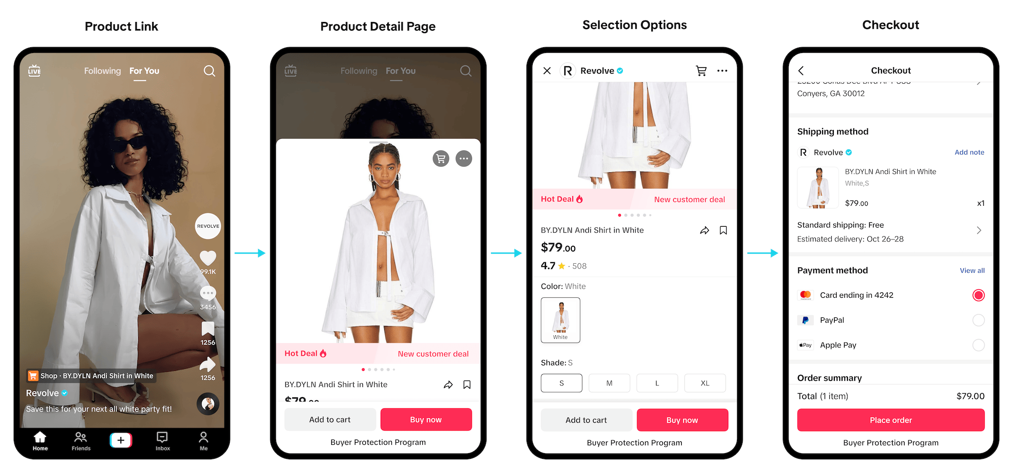 Four screens showing the process of ordering a product straight from a video, with a link to the product in the first page, a preview of it in the second, options further down in the preview in the third, and the checkout screen in the fourth.