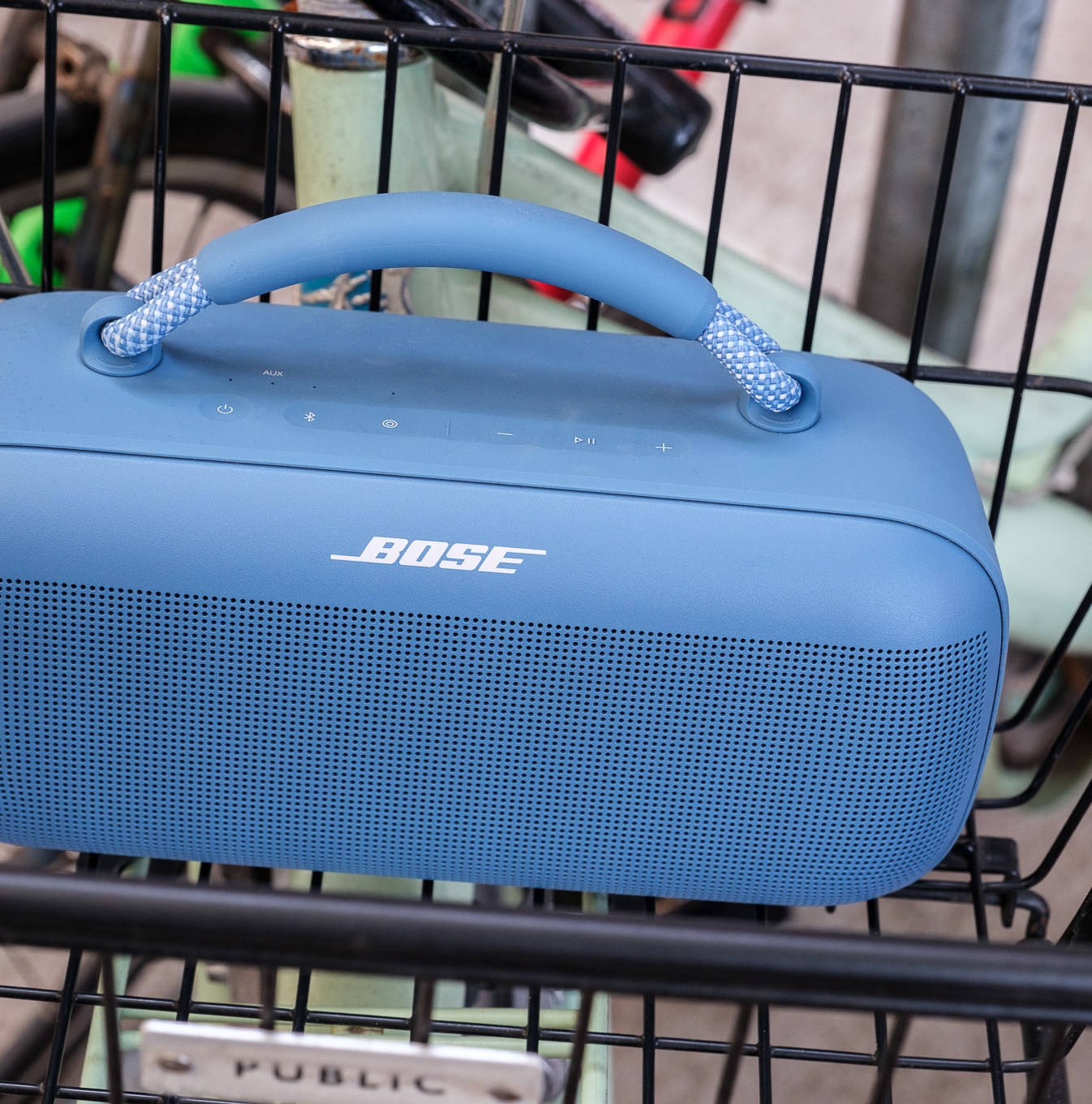 A photo of Bose’s light blue SoundLink Max portable speaker.