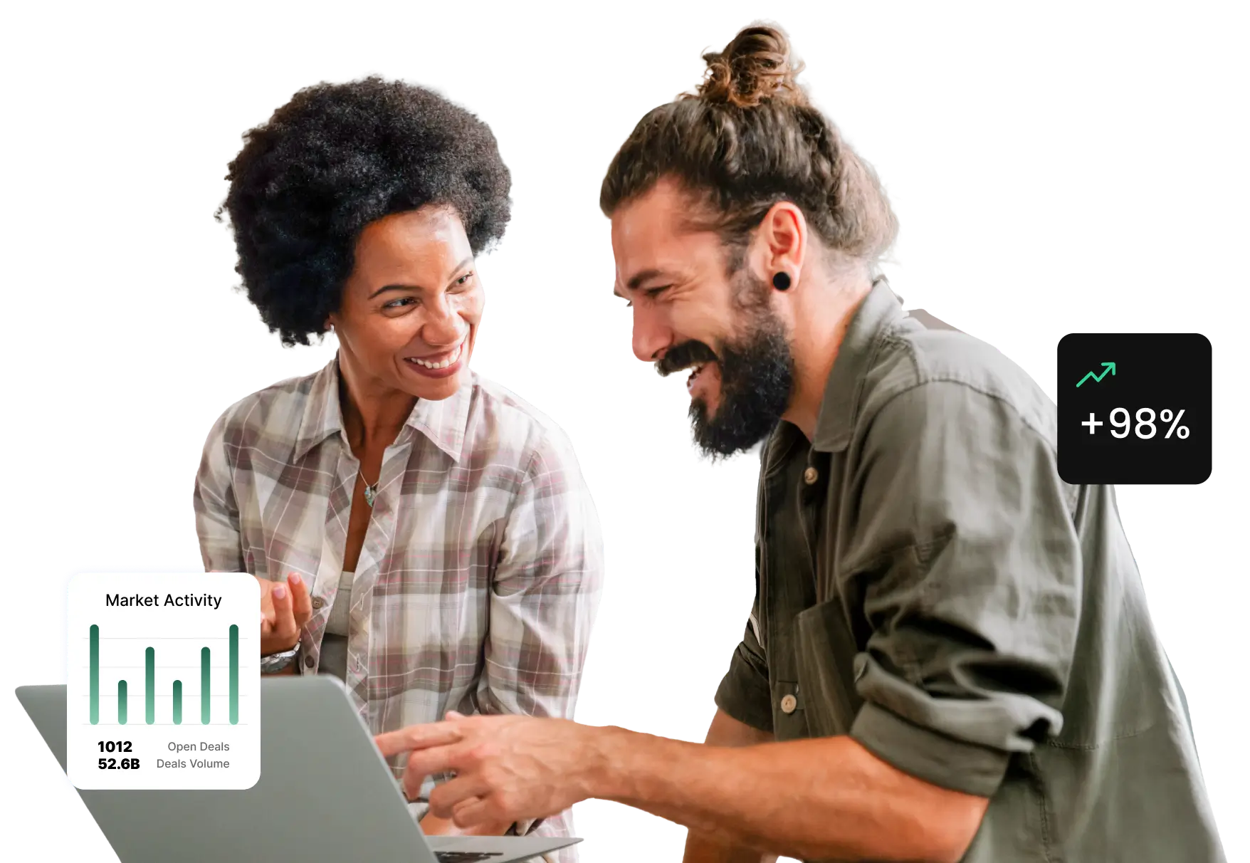 Two agency professionals collaborating at a laptop with support and account management icons, representing SiteGround\'s dedicated account managers